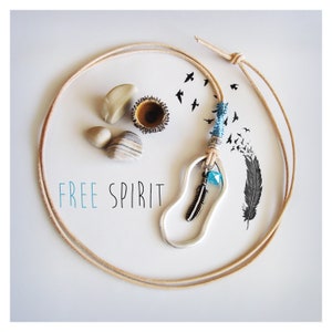Handmade Bohemian Leather Long Necklace - Feather Pendant Lariat - Boho Festival Jewelry - V Y Necklace