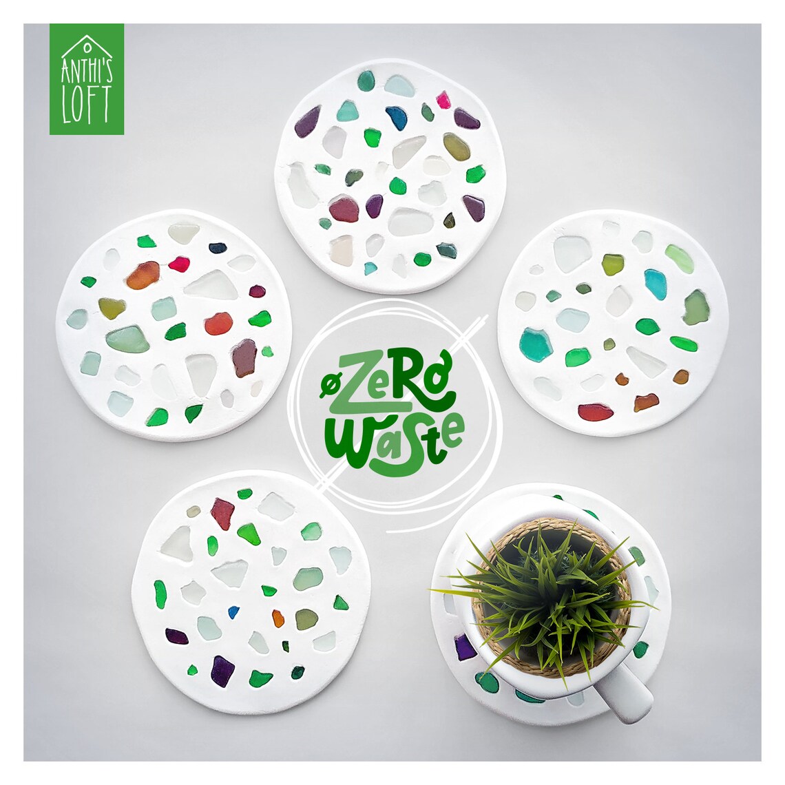 Sea Glass Mosaic Coasters Hexagon Coasters White Clay Coasters Beach