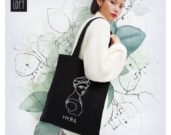 Hand Drawn Cotton Tote Bag || Black Cotton Handbag || Market Shopping Bag || College School Book Bag || Urban Cotton Tote Bag || Canvas Tote