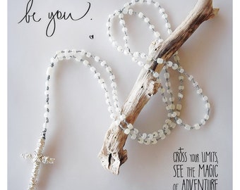 Hand Knotted Pearl Rosary Necklace - Silver Cross, Meditation Jewelry