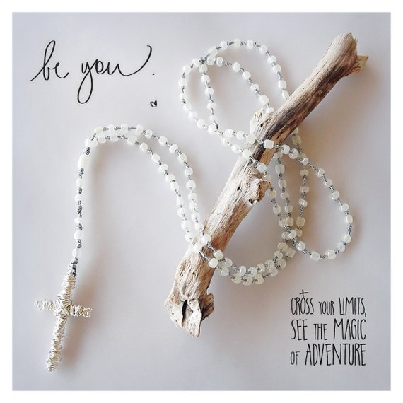 Hand Knotted Rosary Necklace White Pearl Seed Beads Rosary