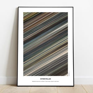Op de afbeelding: Een ingelijste filmposter met een diagonaal kleurenpalet van gedempte grijstinten, bruintinten en blauwtinten. De tekst luidt INTERSTELLAR en Mankind was born on Earth. It was never meant to die here. Het ontwerp zit in een dunne zwarte lijst.