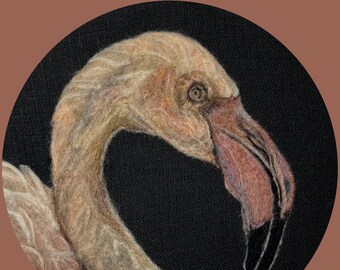 Pink Flamingo 2D needle felted  Wool Painting in 6” hoop bird