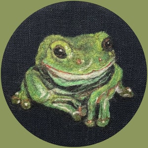 Adorable Frog 2D needle felted Wool Painting in 4” hoop