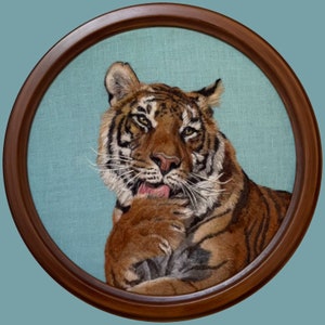 FRAMED Tiger Grooming Needle Felted Painting With Wool 12”