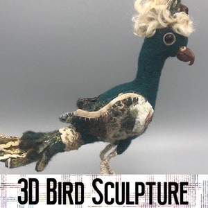 Fantastical Green Bird Sculpture -  needle felting multimedia