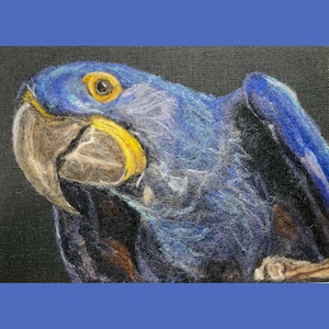 Hyacinth Macaw 2D needle felted Wool Painting 7” x 5”