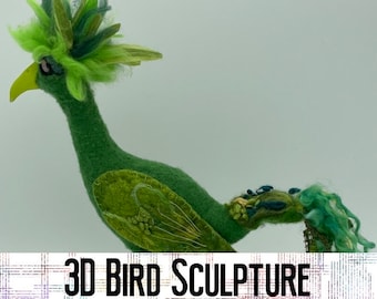 Fantastical bright green bird needle felted sculpture - OOAK!