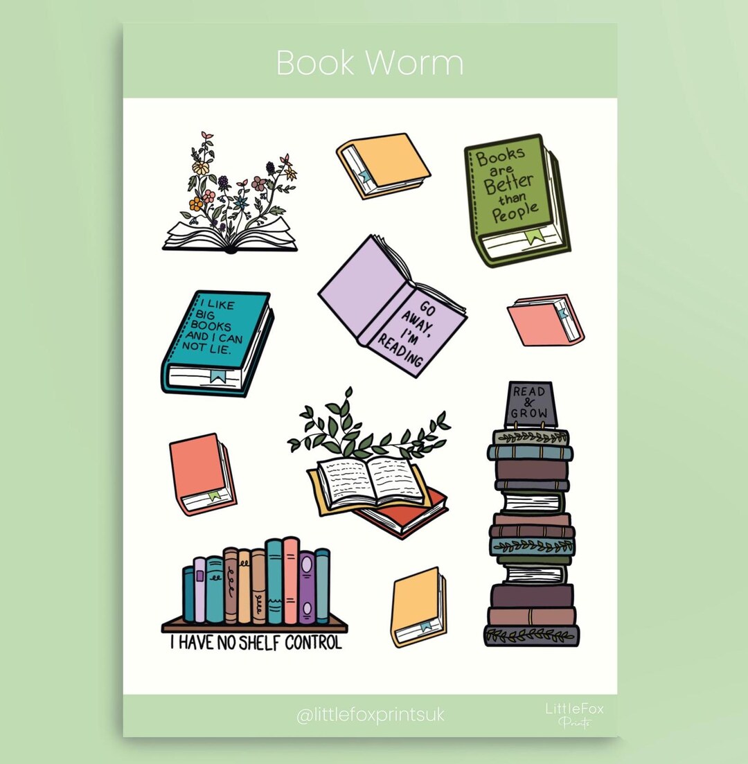 Bookworm Sticker Pack - Set of 11 Cute Book Themed Individually Cut ...
