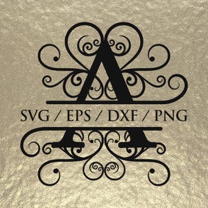 Könnte beinhalten: Schwarzer Monogrammbuchstabe "A" mit dekorativen Verzierungen ober- und unterhalb, vor einem strukturierten goldenen Hintergrund. Der Text "SVG / EPS / DXF / PNG" wird unter dem Buchstaben angezeigt.