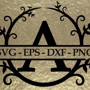 May include: Black monogram letter "A" with decorative flourishes and the text "SVG - EPS - DXF - PNG" on a gold textured background. The design features a circular frame with floral accents.