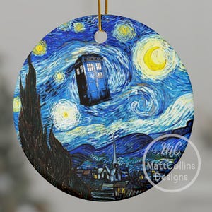 Doctor Who Ceramic Ornament Exploding Tardis Van Gogh Starry Night Christmas Ornament Inspired Mashup - Whovians Fandom Gift
