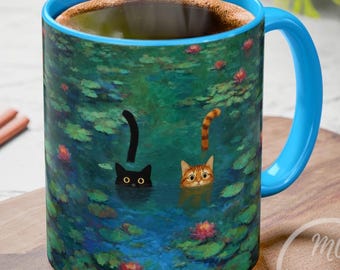 Cats in Water Lilies Mug Claude Monet Inspired Cat Art Coffee Cup Cute Black and Orange Tabby Cat Mug Gift for Cat Lovers Cat Mom Gift