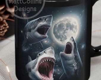 Shark Howling at Moon Sharks Moon Mug Vintage 90s Graphic Space Sharks Coffee Cup Three Sharks Moon Meme White Shark Mug Vintage Sharks Cup