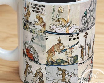 Medieval Battle Bunnies Mug Medieval Rabbits Mug Medieval Killer Rabbit Mug/ Cup Medieval Mug Rabbit Lover Gift Medieval Marginalia Mug