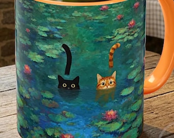 Cats in Water Lilies Mug Claude Monet Inspired Cat Art Coffee Cup Cute Black and Orange Tabby Cat Mug Gift for Cat Lovers Cat Mom Gift