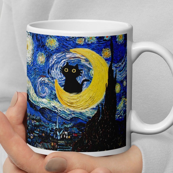 Mug Nuit étoilée Vincent Van Gogh, Mug chat Mug chat noir Mug chat drôle Tableau célèbre Mug fine art Mug Poster Art