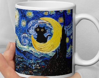 Taza de noche estrellada de Vincent Van Gogh, taza de gato, taza de gato negro, taza de gato divertida, pintura famosa, taza de Bellas Artes, arte del cartel