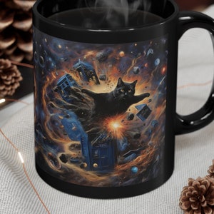 Doctor Who Mug Exploding Tardis in Galaxy Mug Black Cat Mug Ideal Gift Inspired Mashup - Whovians Fandom Gift Exploding Police Box