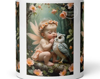 Cute Fairy Mug Flower Fairy Kissing an Owl Fairytale Mug Magical Coffee Mug Custom Mug Magical Woods Fantasy Art/Print Fine Art