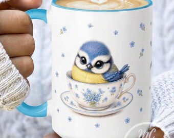Blue Tit Mug Chickadee Mug Forget-Me-Not Tea Cup Cottagecore Coffee Mug Bluebird Gift Bird Lover Gift Spring Aesthetic Mug Nice Tits Mug