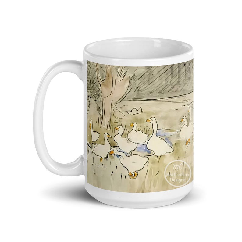 May include: White ceramic mug with a watercolor illustration of a group of geese in a pond. The geese are white with orange beaks and feet. The background is a light brown with a dark gray sky. The mug has a black text at the bottom that says "Matt Collins Designs".