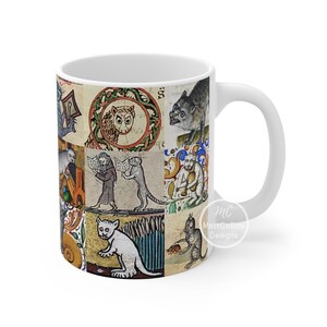 May include: White ceramic mug featuring a collage of medieval illustrations of cats and other creatures. The artwork includes various colors and intricate details, creating a unique and artistic design. The mug has a white handle and the text "MattCollins Designs".