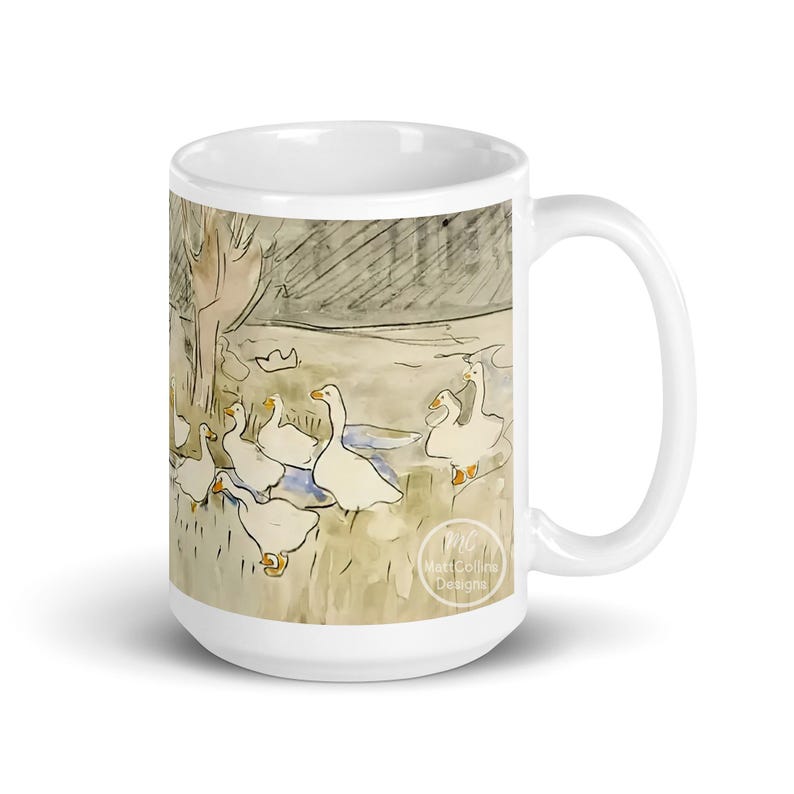 May include: White ceramic mug with a watercolor illustration of a group of geese in a field. The geese are white with orange beaks and feet. The background is a light brown with a dark gray sky. The mug has a white handle and the text "Matt Collins Designs" is printed on the bottom right corner.
