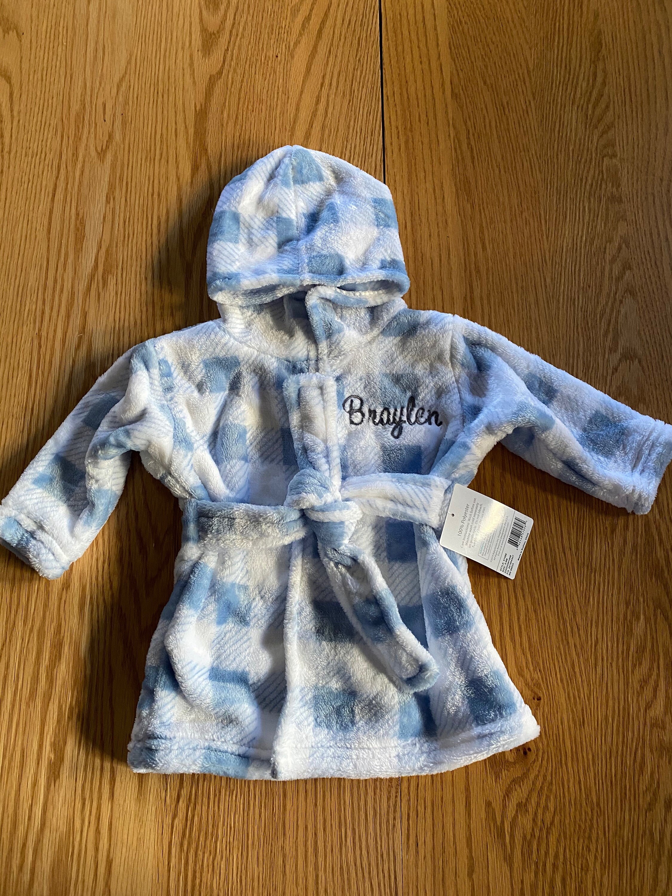 Personalized Baby Bathrobe Embroidered Blue Plaid Hooded Etsy