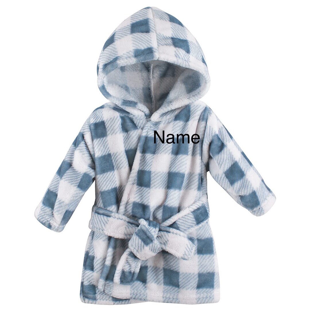 Personalized Baby Bathrobe, Embroidered Blue Plaid Hooded Robe, Baby Shower Gift, Custom Baby