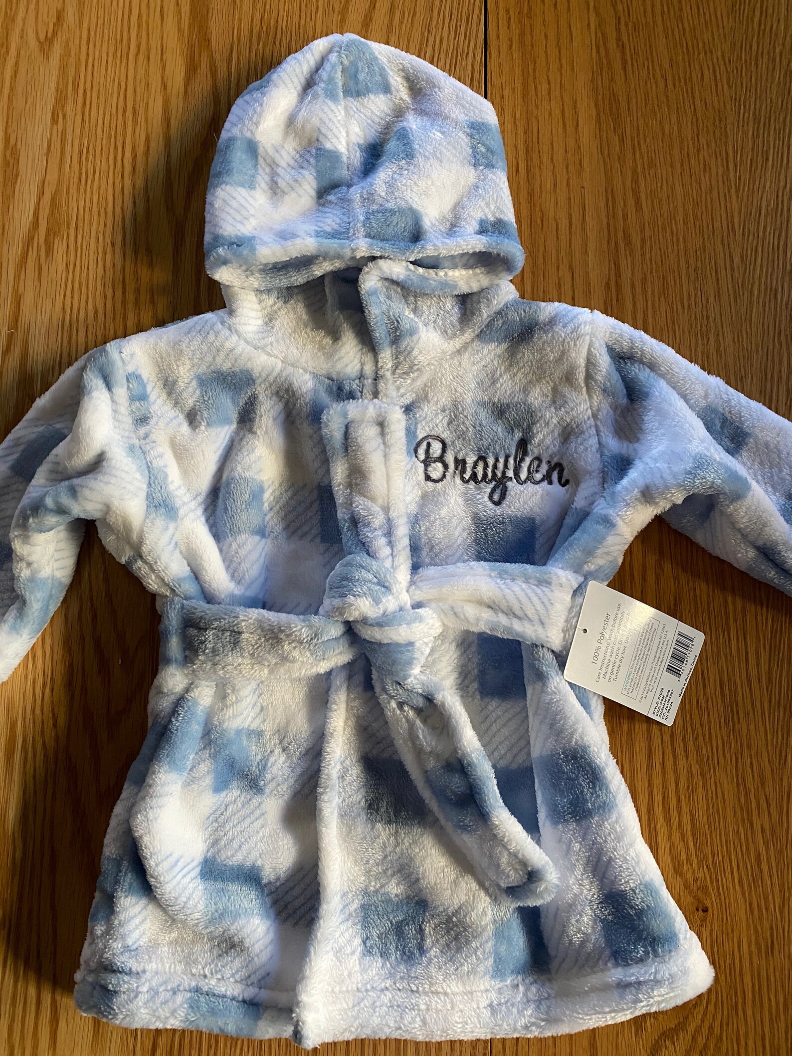 Personalized Baby Bathrobe Embroidered Blue Plaid Hooded Etsy