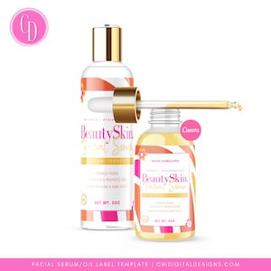 Może przedstawiać: Dwie butelki serum do twarzy ze złotymi nakrętkami i kroplomierzami. Butelki są oznaczone "Beauty Skin. Facial Serum." z różowymi i białymi paskami. Mniejsza butelka ma wzór w różowo-białe paski zebry. Większa butelka ma wzór w różowo-białe paski. Obie butelki mają wagę netto 30 ml.