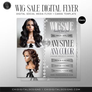 Puede incluir: Un folleto digital para una venta de pelucas, con dos estilos de pelucas en cabezas de maniquí. El folleto es plateado y contiene el texto "Wig Sale" y "Any Style, Any Color". También indica que las pelucas tienen un 20% de descuento y están disponibles de 45 a 81 cm.