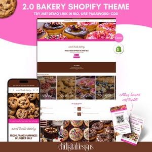 May include: A promotional image for a bakery Shopify theme. The design features a website mockup with donuts, cookies, and cakes. The text includes "2.0 BAKERY SHOPIFY THEME" and "sweet treats bakery". A matching business card template is also shown.