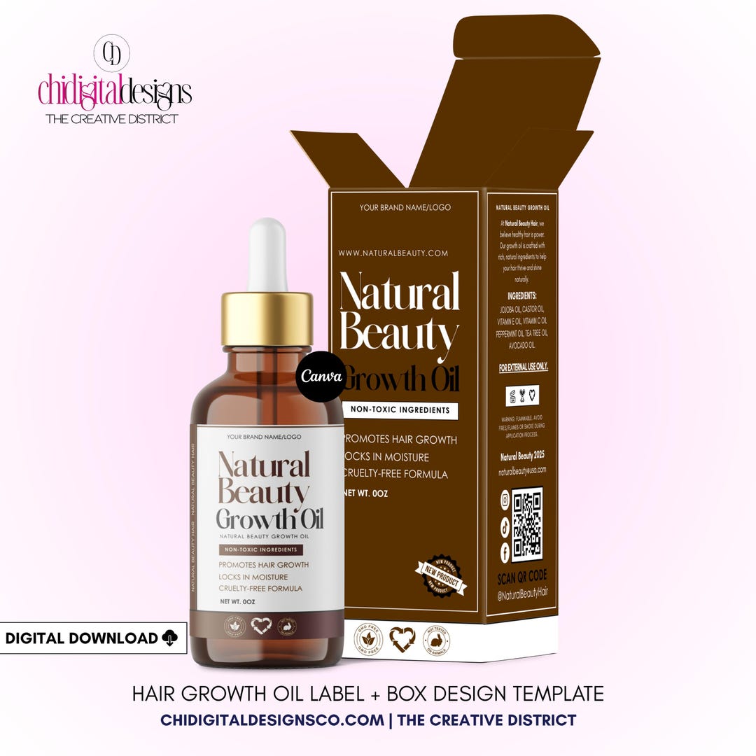 Hair Growth Oil Label & Box Template | Editable Canva Packaging Design ...