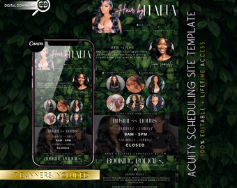 May include: A pink and black graphic with the text "Hair by [Name]" and a green leafy background. The graphic includes a phone number, email address, business hours, and booking policies. The text "Acuity Scheduling Site Template 100% Editable + Lifetime Access" is on the right side of the graphic.