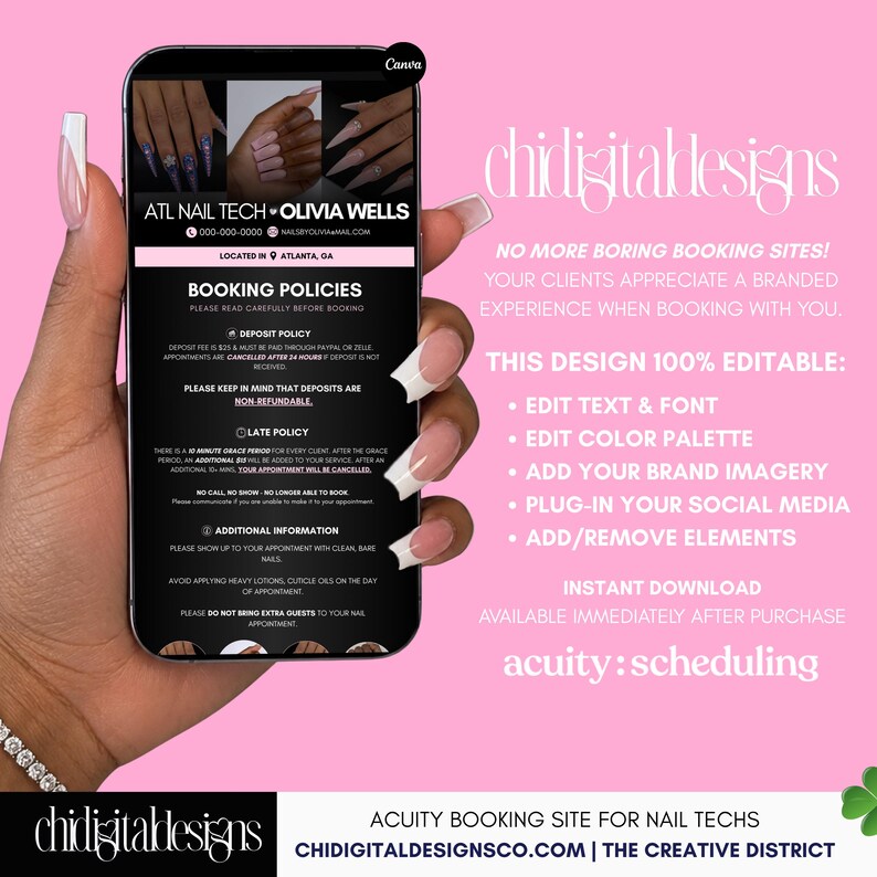 May include: A digital template for an Acuity booking site displayed on a smartphone screen. The interface features a black background with white text, including sections for booking policies, deposit details, and contact information for a nail technician.