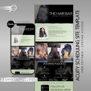 Pode incluir: Um modelo digital para um site de reserva de salão de beleza. O modelo apresenta um esquema de cores preto e branco com uma foto de uma mulher com cabelo preto comprido. O texto no modelo inclui "The Hair Bar", "Modelo de site de agendamento Acuity", "100% editável, acesso vitalício", e "Siga-nos nas redes sociais".