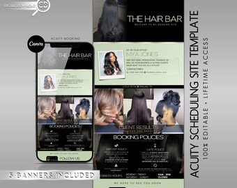Puede incluir: Una plantilla digital para un sitio web de reserva de salón de belleza. La plantilla presenta un esquema de color blanco y negro con una foto de una mujer con cabello negro largo. El texto en la plantilla incluye "The Hair Bar", "Plantilla de sitio web de programación de Acuity", "100% editable, acceso de por vida", y "Síguenos en las redes sociales".