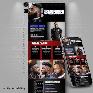 May include: A red and black poster with the text "5Star Barber" and "Located in Dallas, TX". The poster also includes information about booking appointments, payment and deposit policies, cancellation policies, late policies, and business hours. The poster features photos of men with different hairstyles.
