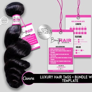Hair Tags and Bundle Wraps Template | Pink Hair Hang Tags | Luxury Bundle Wraps | Hair Business Packaging