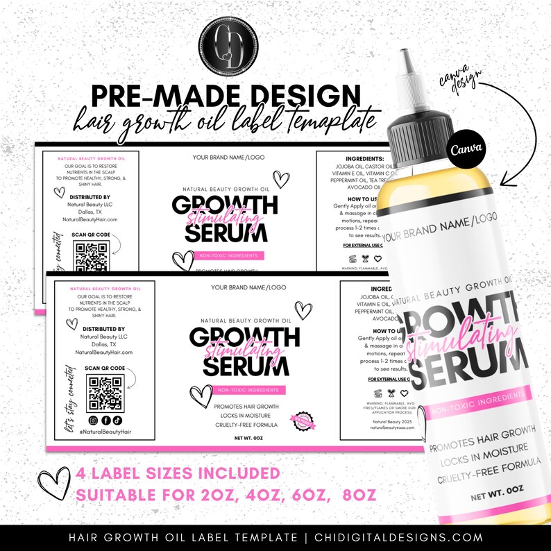 Hair Growth Oil Label Template: Editable Canva Design (2-8 Oz) (digital ...