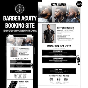 Pode incluir: Um design gráfico em preto e branco para uma barbearia. O design inclui o texto "5STAR BARBER", "CONHEÇA O SEU BARBEIRO", "POLÍTICAS DE RESERVA", "PAGAMENTO E DEPÓSITO", "POLÍTICA DE CANCELAMENTO", "POLÍTICA DE ATRASO", "MÉTODOS DE PAGAMENTO ACEITOS", "HORÁRIO COMERCIAL", "DINHEIRO", "APPLE PAY", "CRÉDITO/DÉBITO", "TODAS AS VENDAS SÃO FINAIS".