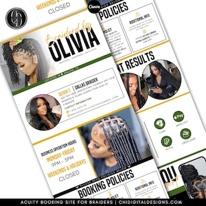 Sito di prenotazione Braider Acuity / Sito di prenotazione per modelli di intrecciatori / Sito di intrecci in bianco, nero, verde e giallo.