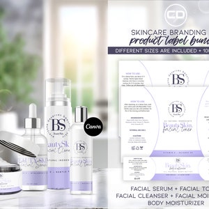 May include: A skincare branding kit with product labels for facial serum, facial toner, facial cleanser, facial moisturizer, and body moisturizer. The labels feature a purple and white design with the text "Beauty Skin." and a logo of a stylized "BS".