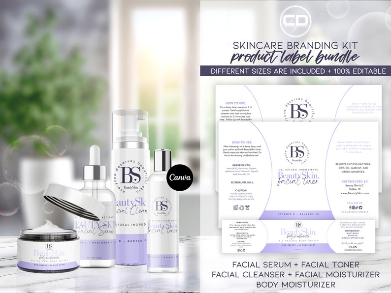 May include: A skincare branding kit with product labels for facial serum, facial toner, facial cleanser, facial moisturizer, and body moisturizer. The labels feature a purple and white design with the text "Beauty Skin." and a logo of a stylized "BS".