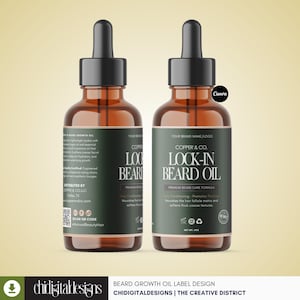 May include: Two amber glass dropper bottles of Copper & Co. Lock-In Beard Oil. The dark green labels feature white text, including the product name, brand, and distribution details. Each bottle has a black dropper cap and a clear liquid inside.