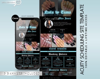 Può includere: Un modello in bianco e nero per un sito web di prenotazione online per una nail artist. Il modello presenta una foto della nail artist, i risultati dei clienti, le politiche di prenotazione, gli orari di apertura e i link ai social media. Il testo "Nails by Tiana" e "Your nail tech Atiya Jones" è presente sul modello. Il modello è modificabile al 100% e include l'accesso a vita.