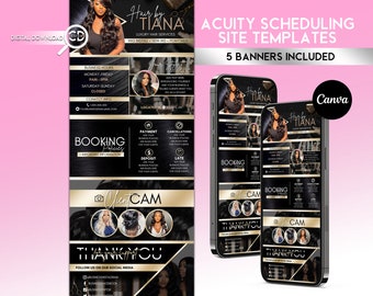 Puede incluir: Una plantilla de marketing digital negra y dorada para una peluquería llamada "Hair by Tiana". La plantilla incluye una política de reserva, información sobre pagos y cancelaciones, y una sección de cámara de cliente. La plantilla también incluye un mensaje de agradecimiento y los identificadores de las redes sociales.