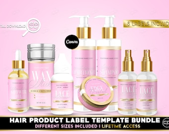 Pink & Gold Hair Product Label Template Bundle | Beauty Label Templates | Hair Care Product Label Templates